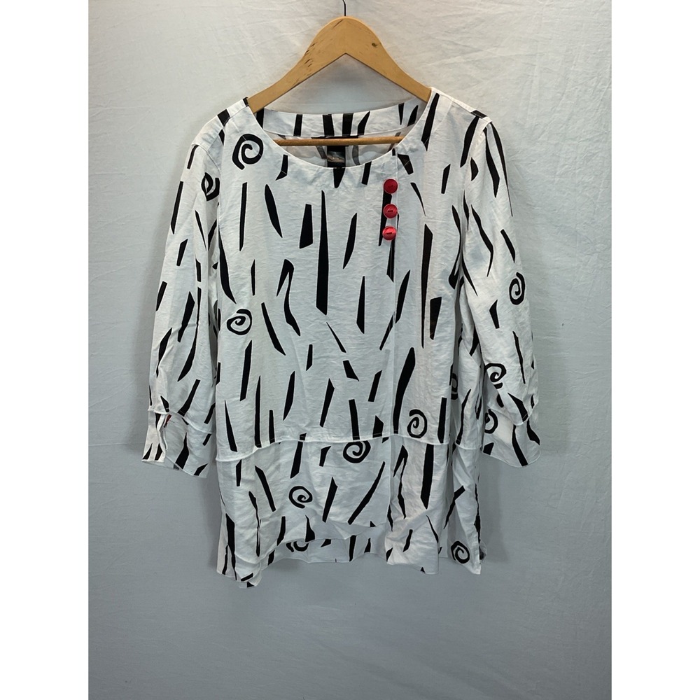 Ali Miles Top Womens L Black White Artsy Art to Wear Tunic Boho Casual Button
